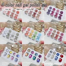 Vendeeni 4 Colorsset Gel Polish Plain ملون بريق شفاف الأشعة فوق البنفسجية ورنيش Cat العين الأظافر ورنيش جل مع بطاقة ملونة 240410