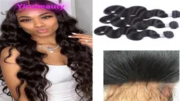 Peruansk mänskligt hår HD 44 Spetsstängning plus 3 buntar 4st Body Wave Natural Color Middle Three Part5594467