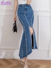 Skirt TIYIHAILEY 2022 New Fashion Free Shipping Fashion Denim Spring Fish Tail SXL Long Maxi Skirts Women Jeans Beaded Irregular Slit