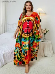 Podstawowe sukienki swobodne seksowne v szyi druk nadmierny rozmiar Kaftan Batwing Sleeve Site Slit Letni wakacje dla kobiet na plaży Plus Size Swimsuit q1464 L49