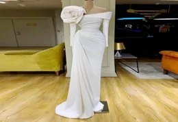 El yapımı çiçekler ile basit beyaz gece elbiseleri uzun kollu deniz kızı balo elbisesi pleats dubai Afrika elbisesi vestido de gala larg9831102