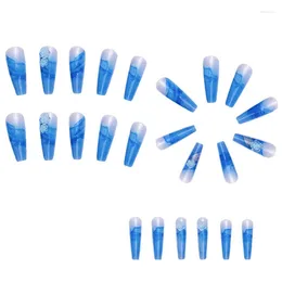 Falska naglar Ice Cracked Blue Rose Long Coffin Nail Tips Soparble Press On DIY Manicure Glitter