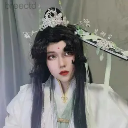 アニメの衣装コスプレティアン・グアンCIフー・シー・チンクアン・ヘアクラウン折りたたみファンshi qing xuan black long wig crown crown crown wig accessories anime 240411