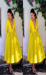 Stunning Yellow Tea Length Deep V neck Prom Party Homecoming Dresses with Pockets Satin Ruched A line Cocktail Formal Evening Dres8358597