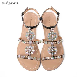 الصيف نساء زقزقة إصبع القدم البوهيميا صندل الإناث الماس مسطح أحذية سيدة شاطئ غير رسمية راينستون ساطعات زائد بالإضافة إلى حجم 240401
