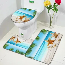 Banyo paspasları plaj denizyıldızı mat set sahil palmiye okyanus doğa manzarası ev halı banyo dekoru kaymaz halılar tuvalet kapak kapağı