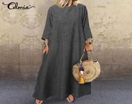 2020 Kadınlar Elbise Celmia Plus Boyut Vintage Çizgili Elbise Moda Bol Pamuk Keten Uzun Kollu Gündelik Gevşek Uzun Vestido 716600383