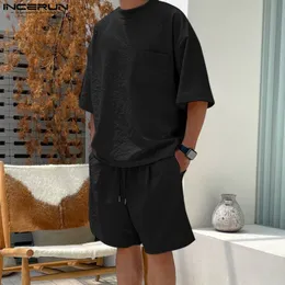 Men Sets Solid Color Loose Streetwear O-neck Short Sleeve T Shirt & Drawstring Shorts 2PCS 2023 Men's Casual Suits S-5XL INCERUN