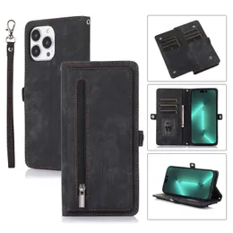 Flap Zip Leather Wallet Shoulder Strap Case för iPhone15 14 13 12 11 Pro XS Max 7 8 6S plus se Cover Lanyard Strap Crossbody WOM