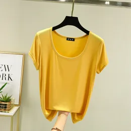 T-shirt di colore solido T-shirt maglietta a U-scollo a maglietta corta Casici casual sciolte Summer Female Tops Plus size