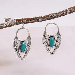 Dangle Earrings Tribal Ethnic Silver Color Color Leaves drop HookEarring for Women Vintage Plant Oval Blue Stone Statement Gift