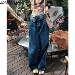 Women's Jeans American Retro High Turn-down Waist Breasted Denim Pants Women Y2K Summer Chic Loose Wide Leg Solid Color Streetweaer