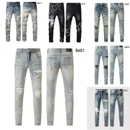 Designer jeans maschile jeans am jeans 8601 di alta qualità patchwork strappati 28-40