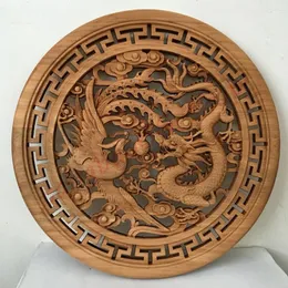 Decorative Figurines Solid Wood Carving Craft Gift Dragon And Phoenix Peony Double Home Auspicious Decoration 48cm