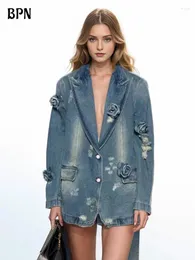 Kvinnors jackor bpn streetwear lapptäcke applikationer blazrar för kvinnor notched collar långärmad solid lös vintage denim blazer kvinna