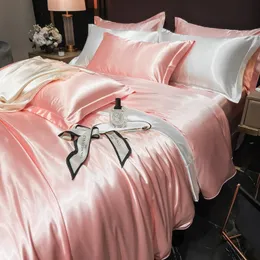 REAL 100% Bedding de seda Mulberry Conjunto com tampa de edredon ajustada/lençol plano travesseiro de lençol sólido 4pcs King Queen Twin Scets