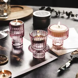 Nordic Pink Glass Candlestick European Candles Holders Table Candle Stand Romantic Candlestick Photophor Home DecorationEuropean Candles Holders for Home Decor