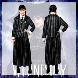 Onsdag Addams Family Cosplay kostym Kvinnor randig tie skol uniform kappväst skjorta kjol full set halloween festkläder