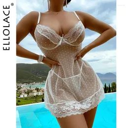 Kadınların Pijama Ellolace Seksi Gece Elbise Dantel Şeffaf Nightwears Deep-V iç çamaşırı düğün beyaz kıyafeti için