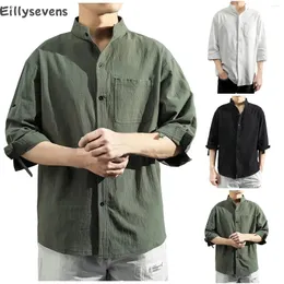 Men's Casual Shirts Men Half Sleeves Tops Summer Loose Cotton Linen Cozy Stand Collar Japanese Style Simple Generous Dating Camisas