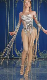 Kadınlar Glisten Crystals tulum Seksi Seksi Uzun Çok Renkli Püskül Rhinestones Bodysuit Gece Kulübü Kıyafet Şarkıcı Sahne Dans Kostüm
