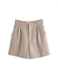 TRAF Women Fashion Wide Pockets Linen Bermuda Shorts Vintage Высокая талия на молнии Fly Flome Casual Short Pants Mujer Collocation 240411