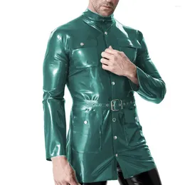 Mäns jackor Mens Mens Wetlook PVC Leather Jacket Male Fetish Turtleneck Pocket Long Sleeve Belted Coat Glossy Faux Latex-Like Party Tops