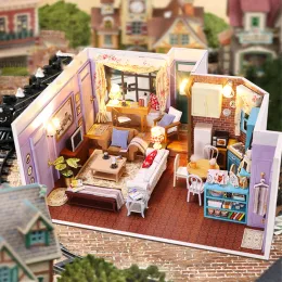 Apartamento de DIY Monica A Casa Wooden Doll Houses Kit Miniature Building Kitshouse com brinquedos de montagem de móveis para amigos presentes