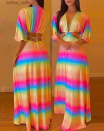 Saia sexy y V vestidos de pescoço para mulheres 2024 Primavera verão Rainbow Impresso Hollow Out Salia Longa Diário Férias Roupas femininas L410