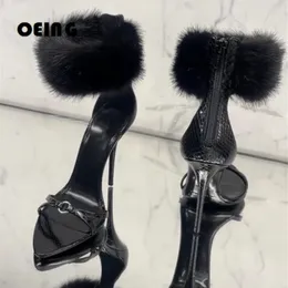 mm Summer Women Stilettos Genuine Leather Furry Ankle Wrap Sandals In Black Sexy Pointy Toe Sandalias De Mujer