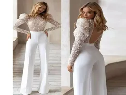 Beyaz Gelinlik Kadınlar İçin Tulum Tulumları Gelinler İçin Sırt Park ışıltı Uzun Kollu Gelin Elbiseler Robe Party Vestido de Novi4573671