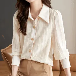 Women's Blouses QOERLIN Texture Chiffon Blouse Office Female Shirt Long Sleeve Casual Tops Korean Single-Breasted Loose Women Clothing