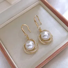 Dangle Earrings Minar Korean Imitation Pearl CZジルコンホローツイストラウンドサークルドロップレアルゴールドメッキ銅ジュエリー