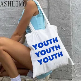Sacos de compras letra juvenil feminina bolsa de ombro de lona bolsa de ombro grande estudante estética