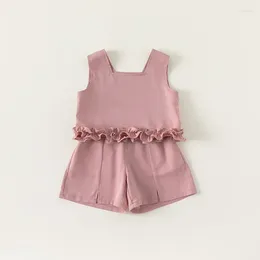 Kleidung Sets 2024 Baby Girl Sommer Solid Ruffle ärmellose Shorts zweiteilige Kinder, die schnelle trocknende atmungsaktive Kleider karten
