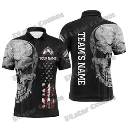 Skull Bowling Patriótico Nome personalizado 3D Mens camisa de pólo de pólo de verão Casual Chuplling Jersey Presente para jogadores de boliche WK50