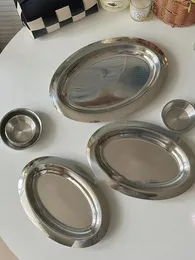 Plates Vintage Stainless Steel Oval Plate Breakfast Bread Salad Disc Round Dipping Saucer Afternoon Treat Dish Storage Tray