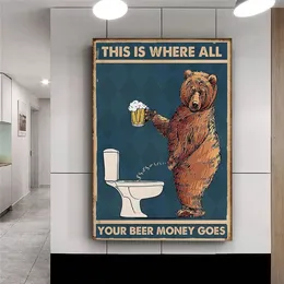Angry Bear Drinks Beer To Toilet Graffiti Art Canvas Painting HD Print Poster Abstract Mural Toilet Art Picture Home Decoration