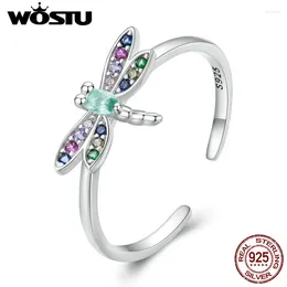 Clusterringe Wostu 925 Sterling Silver Spring Schmuck Schmuck Dragonfly Multi -Farbe CZ Open Women Butterfly Emaille Ring Geburtstag Party Geschenk