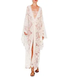 Plus w rozmiarze Kimono Boho plaża Cover Up Lace Kimono Cardigan Płaszcz Seksowna tradycyjna dziewczyna Biała Kimono Crochet Beach Sukienka z rękawem 3738785