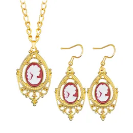 Wassertropfen Anhänger Lady Queen Cameo Set für Frauen Goldfarbe plattiert baum rot braun Cameo Halskette Ohrringe Sets