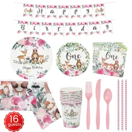 Wild One jungle Animal Girl's First Birthday Anniversary Party Tableware Set Paper Plate Cup Napkin Straw Gift Bag Supplies