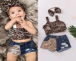 2020 Baby Girl Clothes Neugeborene Kinder Kinder Kleidung Leopard Print T -Shirt Denim Pailletten Shorts Stirnband -Outfits Set13286754