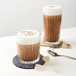 KEMORELA 아이스 커피 컵 밀크 카페 라트 클래식 레트로 마시는 와인 칵테일 티 유리 텀블러 쌓을 수있는 리브 베드 유리 제품 세트