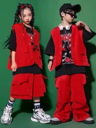 Modern Hip Hop Dance Costume Kids Red Vest Pants Girls Jazz Performance Outfits Boys Street Dance Base Wear BL10740