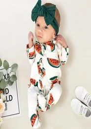 Nyfödd småbarn baby pojke tjej kläder söt vattenmelon tryck romper långärmad lindad fot jumpsuit ny född 2103172427366