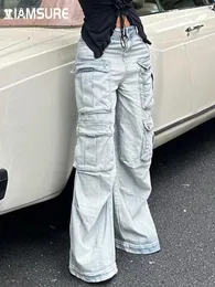 Женские джинсы Iamsure повседневная уличная одежда с большими карманами в стиле сафари сплошные брюки с широкими валиками, женщины, 2024 летняя мода, дамы
