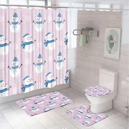 Shower Curtains Christmas Snowman Curtain Set Non-Slip Rug Toilet Lid Cover Bath Mat Xmas Winter Snowflake Kid Bathroom Decor Screen Home