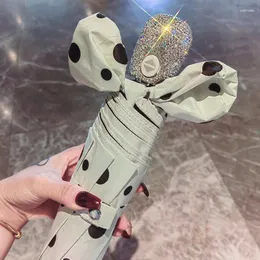 Şemsiye Siyah Kaplama Şemsiyesi Rhinestones 3 kat 8 kaburga otomatik anti-ultraviyole taşınabilir seyahat yağmur güneş polka dot