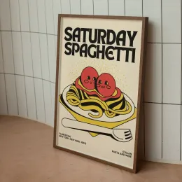 Rolig söt lördag spaghetti pasta retro kök väggkonst duk målning affischer för kök rum hem dekor